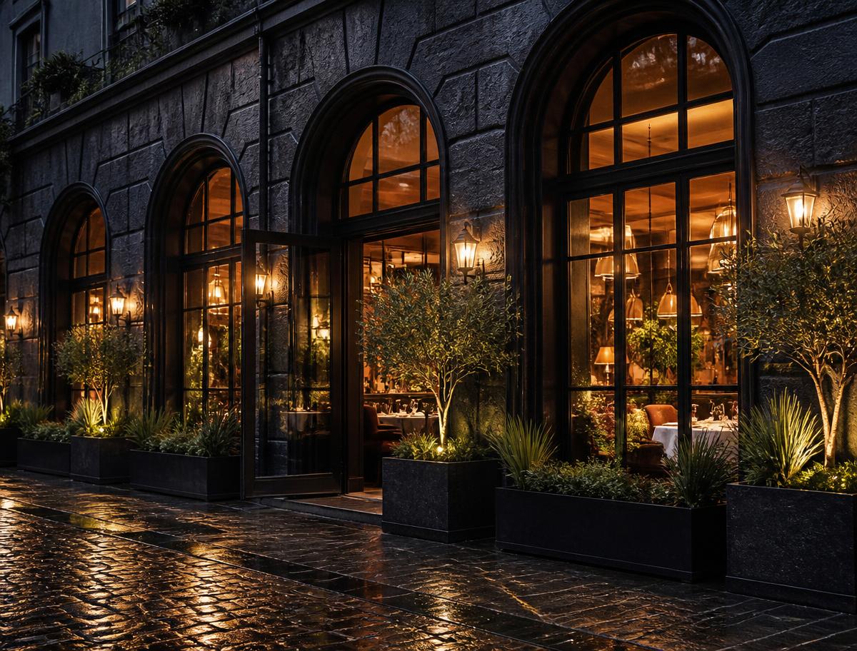 Restaurant facade at dusk with warm glowing arched windows