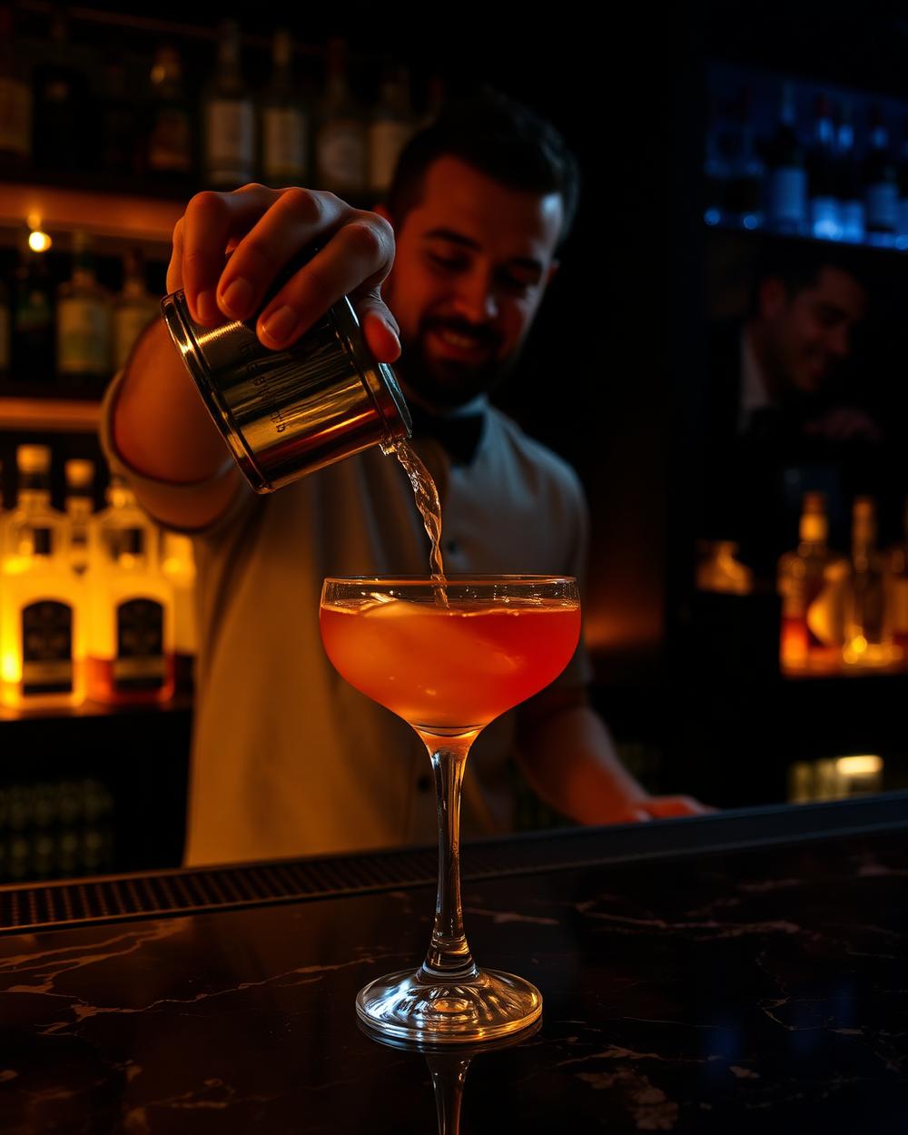 Bartender pouring an amber cocktail into a coupe glass